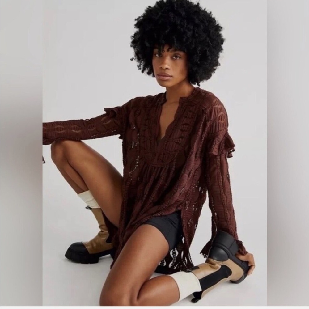 New Free People Candy Shop Lace Tunic chocolate brown